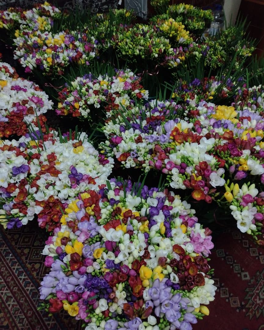 Frezii multicolore, strânse în buchet