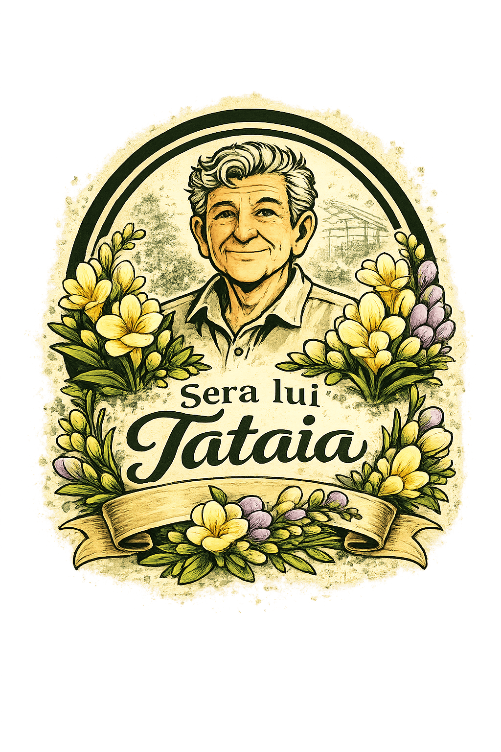Logo Sera lui Tataia, cu portretul tataiei, frezii și sera familiei